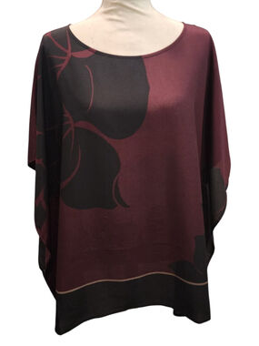 Chico's S/M Poncho Top Women's Burgundy Black Floral Flowy Kimono Sleeve Blouse